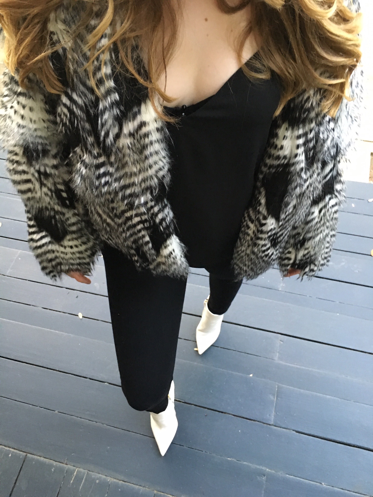 black + white + faux fur all over